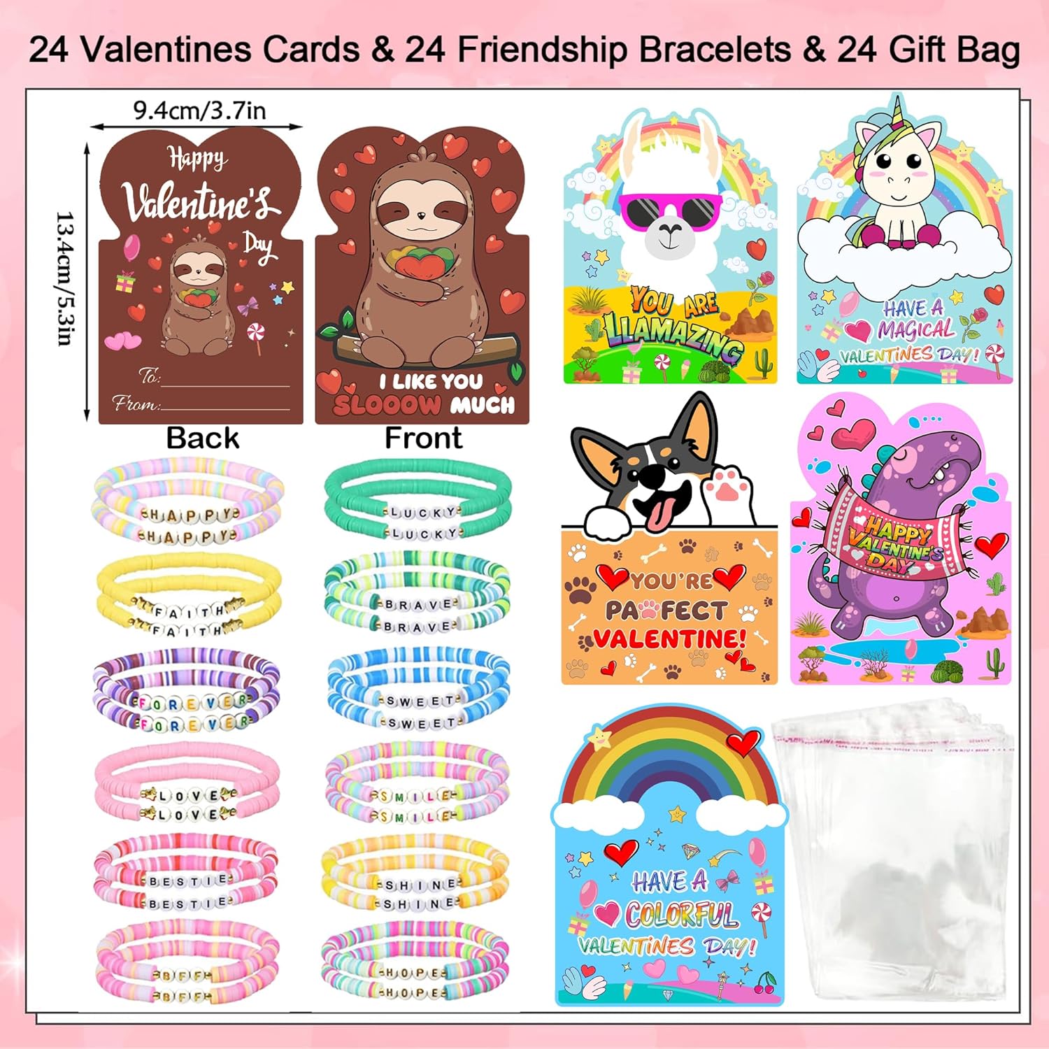 24 Pack Valentines Bracelets & Cards Set, Friendship Bracelets Valentines Day Cards For Kids Classroom - Bead Bracelet Valentine Cards, Bulk School Exchange Gifts, Cute Animal Greeting Cards Valentines Gifts For School Boys Girls