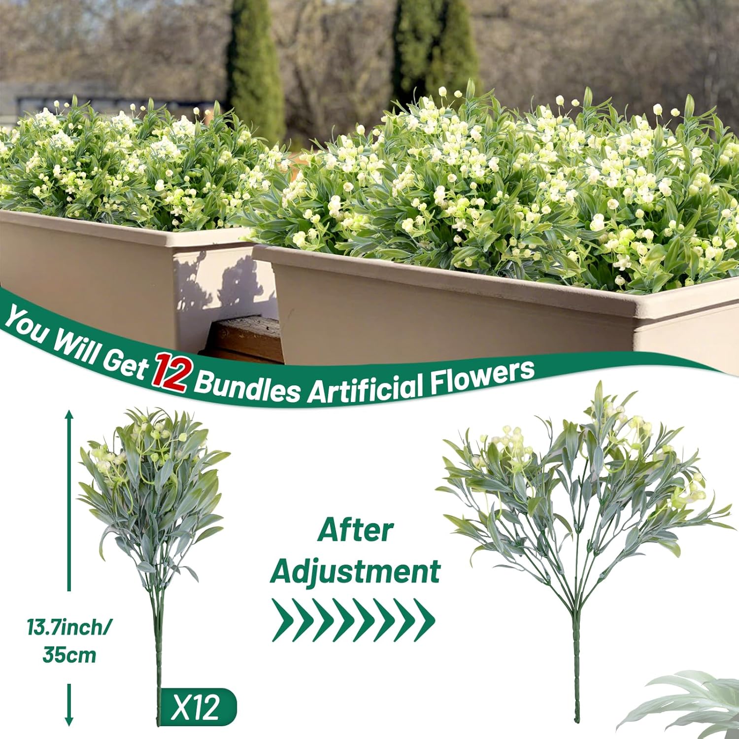 Babys Breath Artificial Flowers - 12 Bundles Uv Resistant Hyper Realistic Faux Plants Gypsophila For Outdoor Porch Planters, Wedding, Garden Decoration (White)