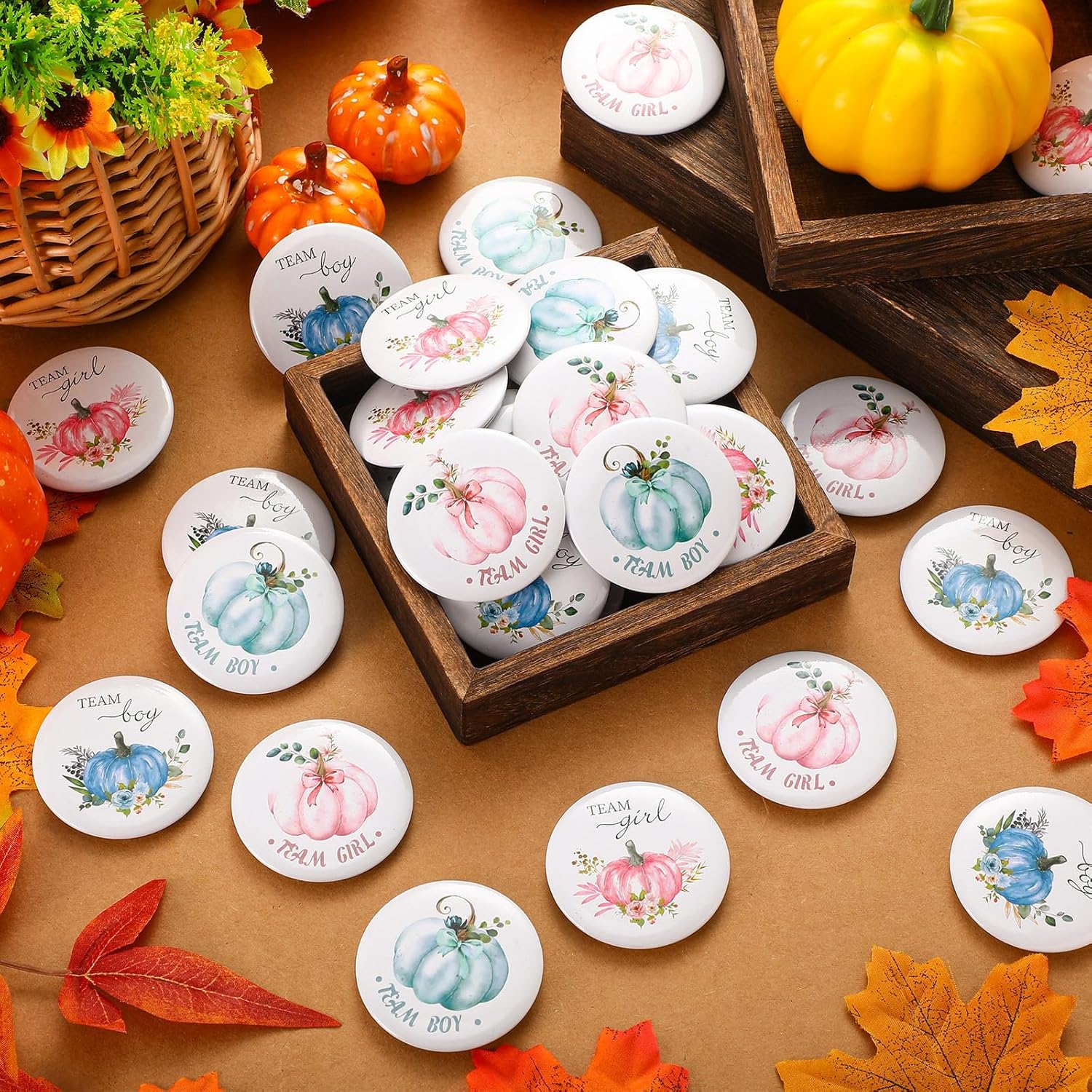 52 Pcs Thanksgiving Fall Gender Reveal Pins Baby Shower Boy Or Girl Team Buttons Floral Pins For Reveal Party Games Supplies And Baby Showers Decorations