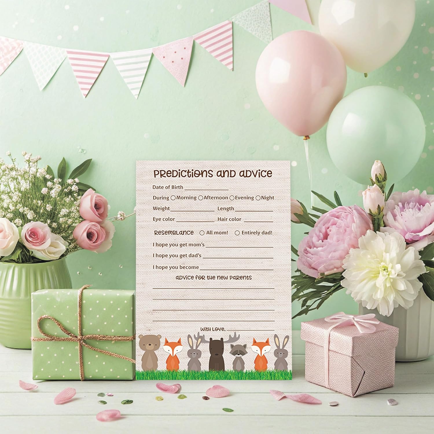 Woodland Animals Prediction And Advice Cards - Pack Of 25 - Rustic Gender Neutral Baby Shower Games, Wishes For New Parents Mom & Dad To Be Mommy & Daddy Message Shower Activity Keepsake G601-Pdav