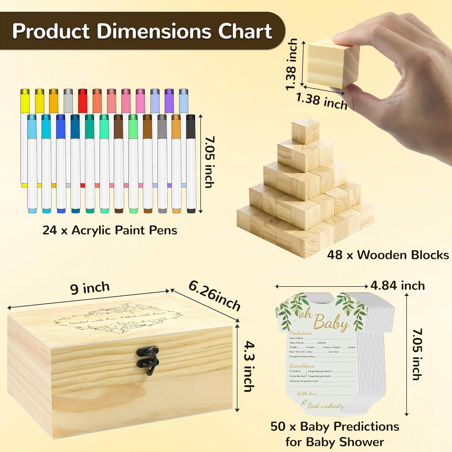 124-Piece Baby Shower Games Kit With Wooden Blocks, Prediction Cards, And Acrylic Paint Pens – Creative Baby Shower Activities, Decorations, And Keepsakes For Gender Neutral Parties (Light Wood)