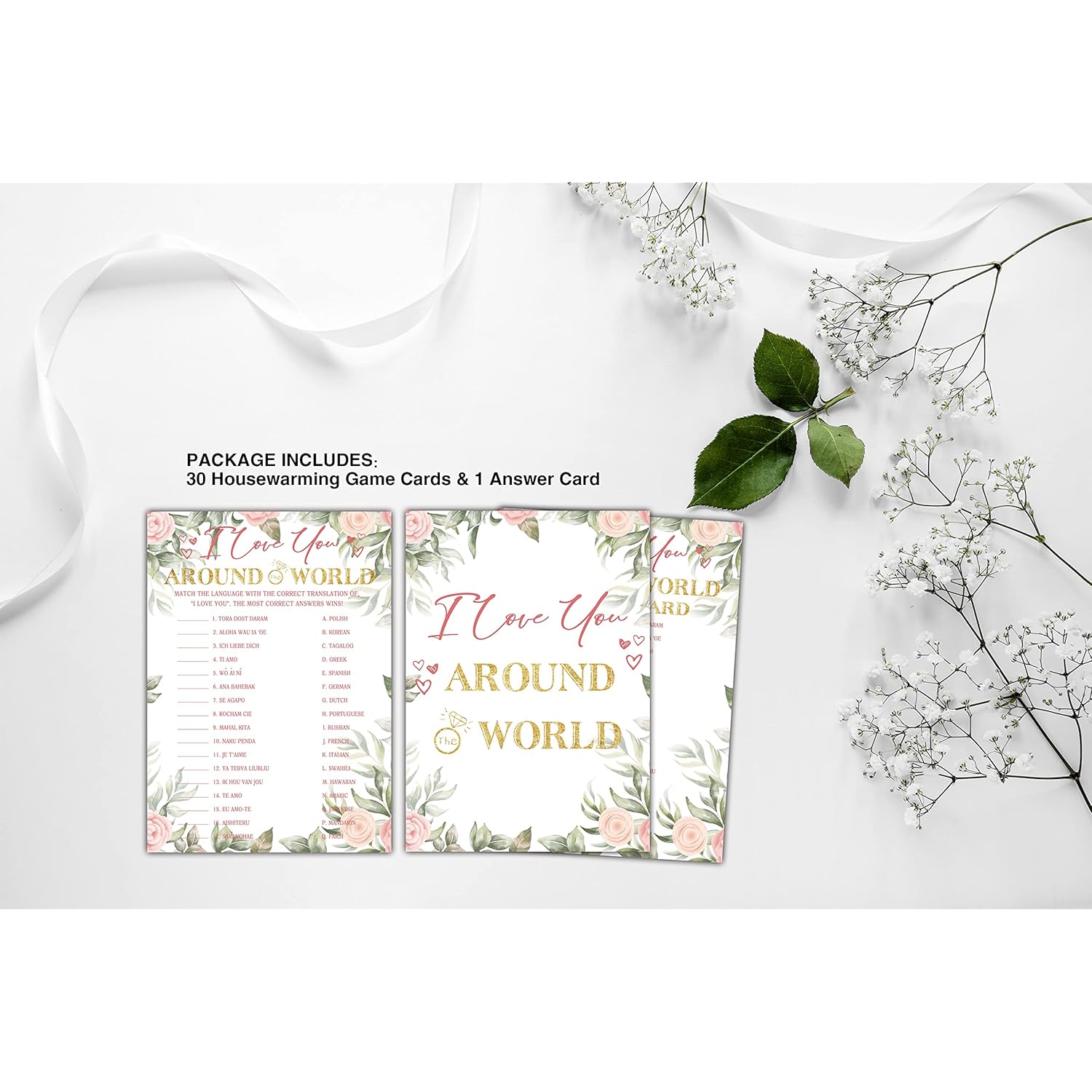 Bridal Shower Games - I Love You Around The World Wedding Party Game - Boho Floral Greenery Bachelorette/Engagement Party Supplies Activities - Pack Of 30 Game Cards & 1 Answer Card (A05)