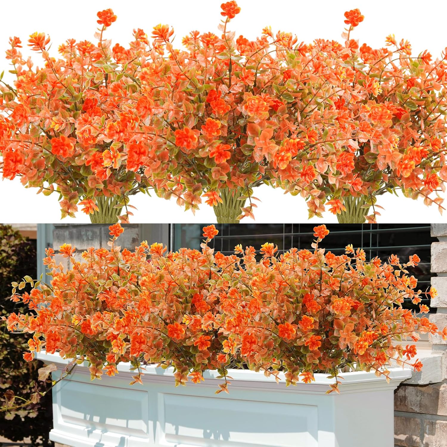 24Pcs Artificial Fall Flowers For Outdoors Uv Resistant Faux Autumn Plants Bushes No Fade Plastic Plants For Outside Garden Porch Window Box Fall Décor Orange