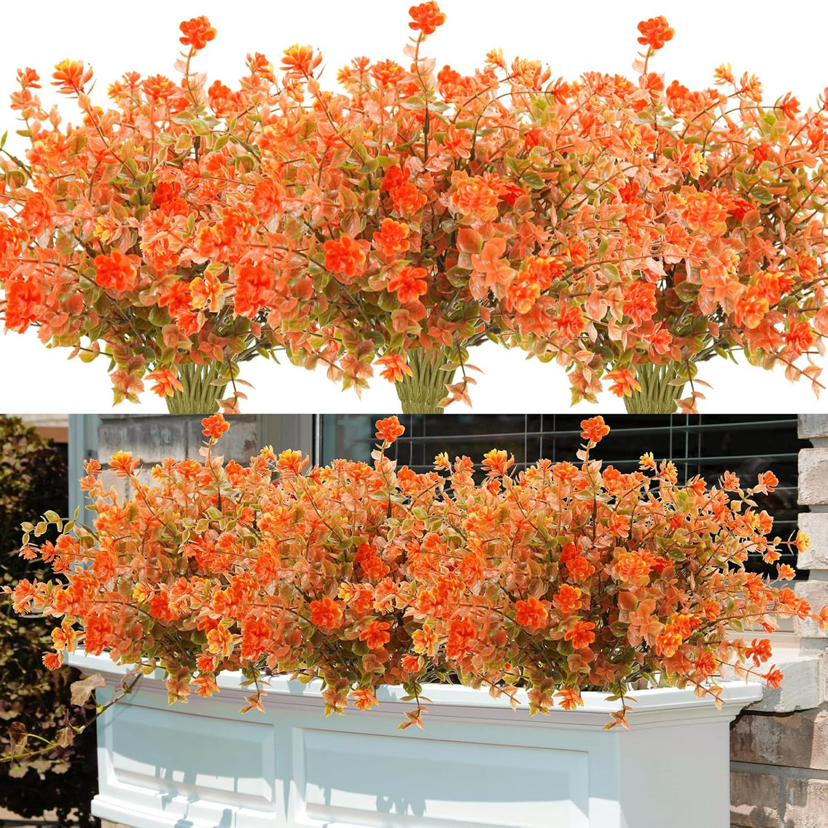 24Pcs Artificial Fall Flowers For Outdoors Uv Resistant Faux Autumn Plants Bushes No Fade Plastic Plants For Outside Garden Porch Window Box Fall Décor Orange