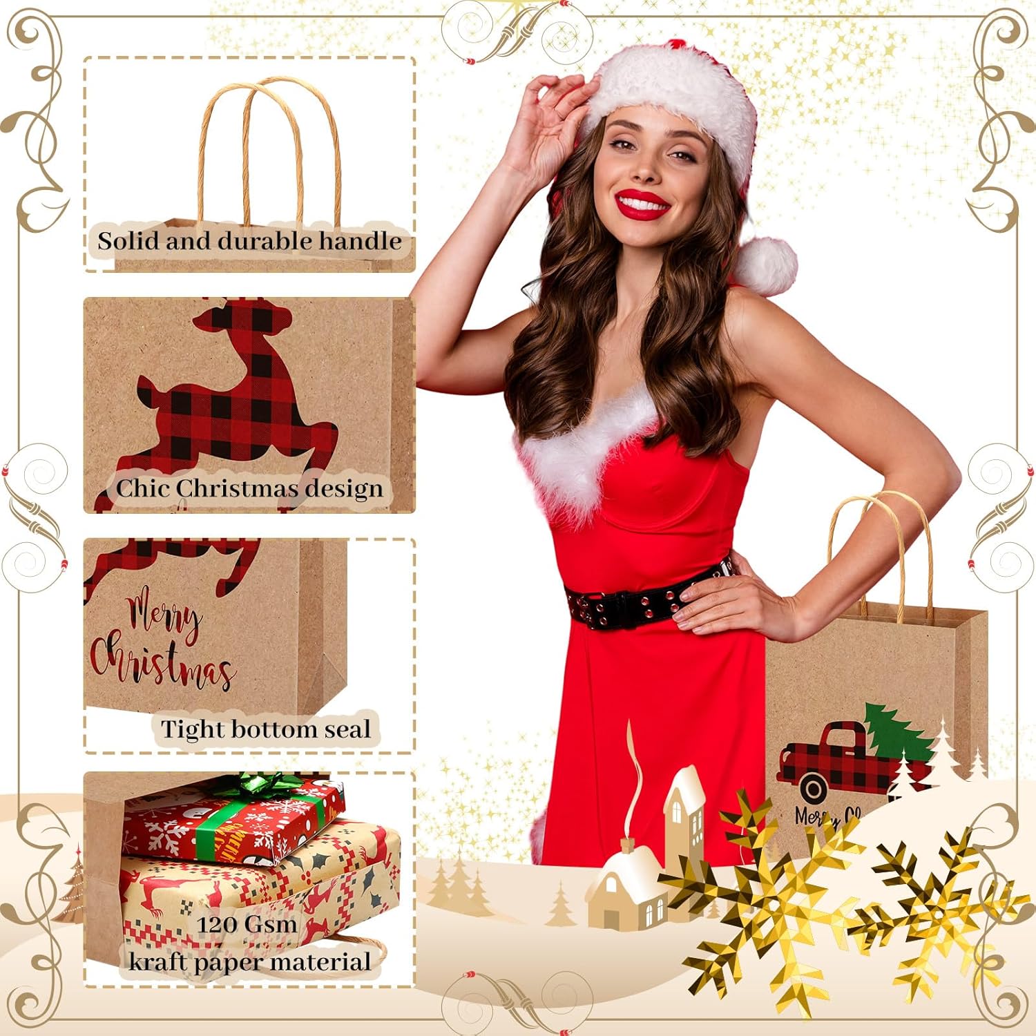100 Pcs Christmas Kraft Gift Bags Bulk Xmas Holiday Paper Gift Bags With Handle Plaid Candy Treat Party Favor Bag For Christmas New Year Presents Wrapping Party Favor Supplies Decor