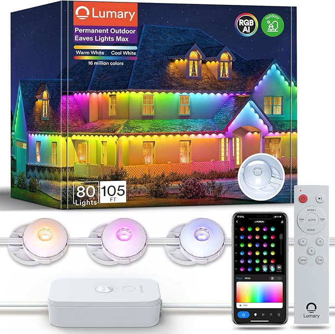 105FT Permanent Outdoor LED Lights RGBAICW 80 LED Eave Lights IP67 Waterproof Smart Accent Lighting
