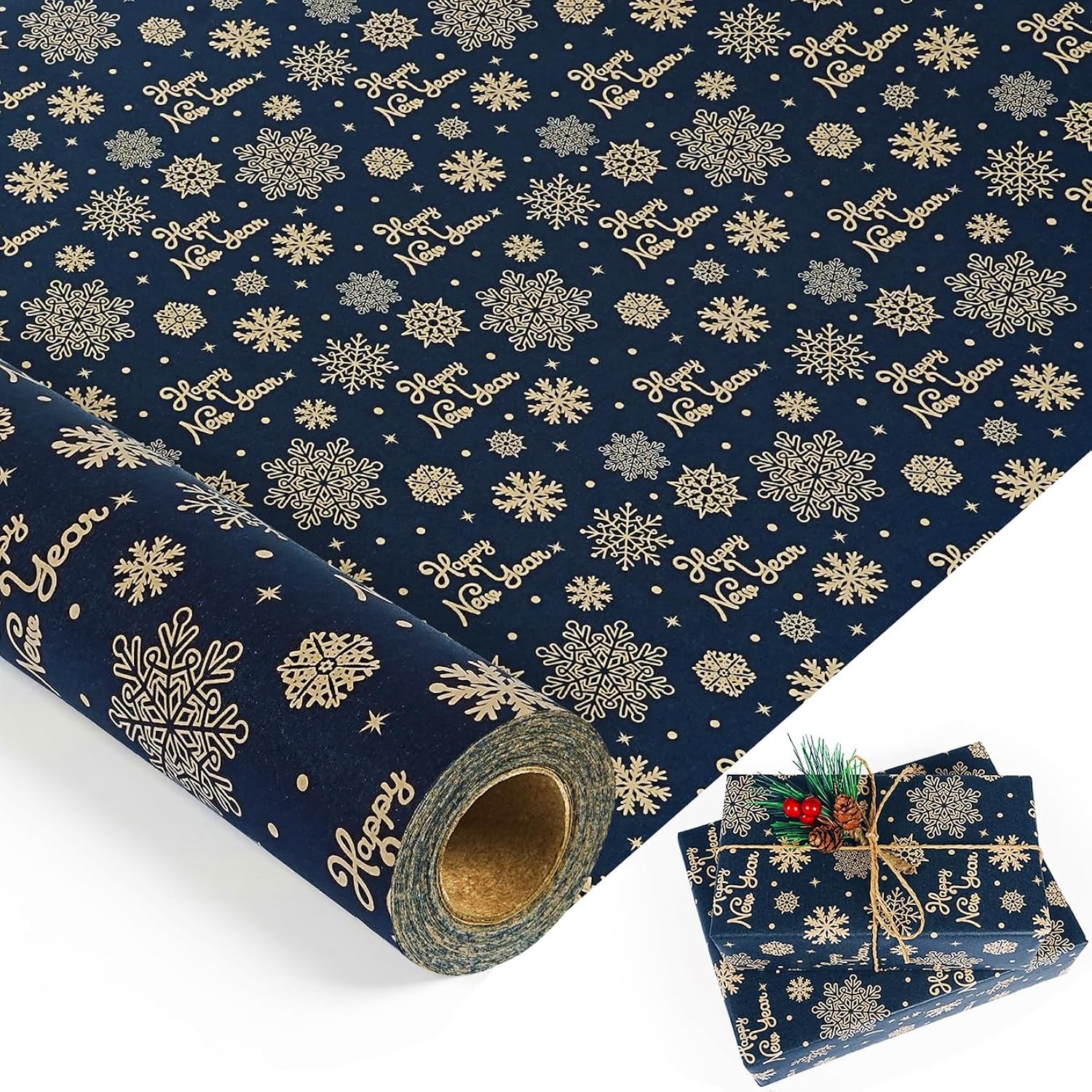 Christmas Wrapping Paper Roll, Navy Blue Kraft Wrapping Paper With Brown Happy New Year And Snowflake Design, Vintage Gift Wrapping Paper Roll For New Year Xmas Winter Holiday, 17 Inch X 33 Feet