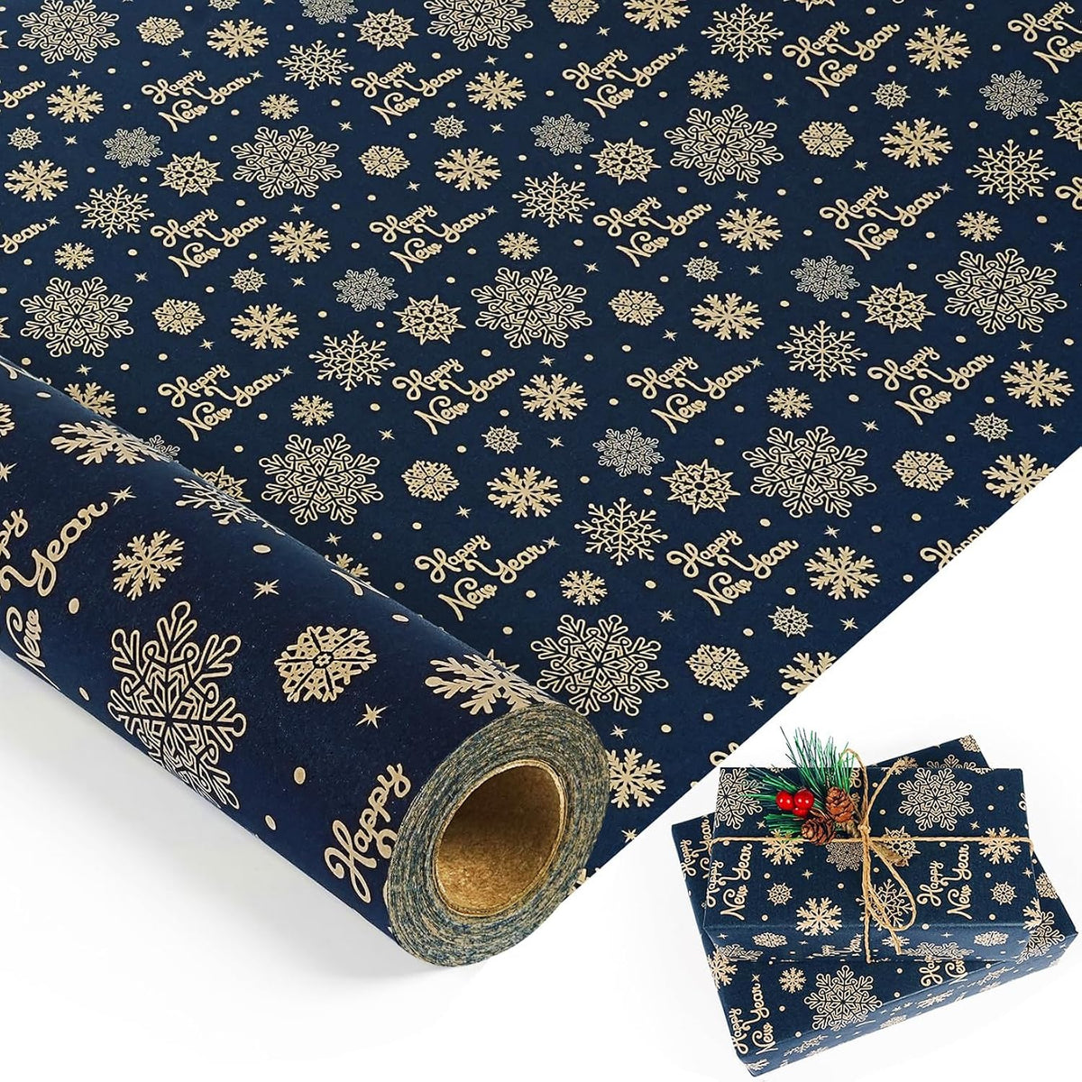 Christmas Wrapping Paper Roll, Navy Blue Kraft Wrapping Paper With Brown Happy New Year And Snowflake Design, Vintage Gift Wrapping Paper Roll For New Year Xmas Winter Holiday, 17 Inch X 33 Feet