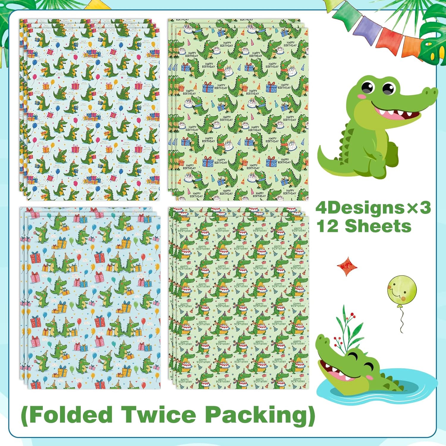 Alligator Birthday Wrapping Paper 12 Sheets Happy Birthday Themed Gift Wrap With Cartoon Crocodile & Gift Box Designs,20"×28"