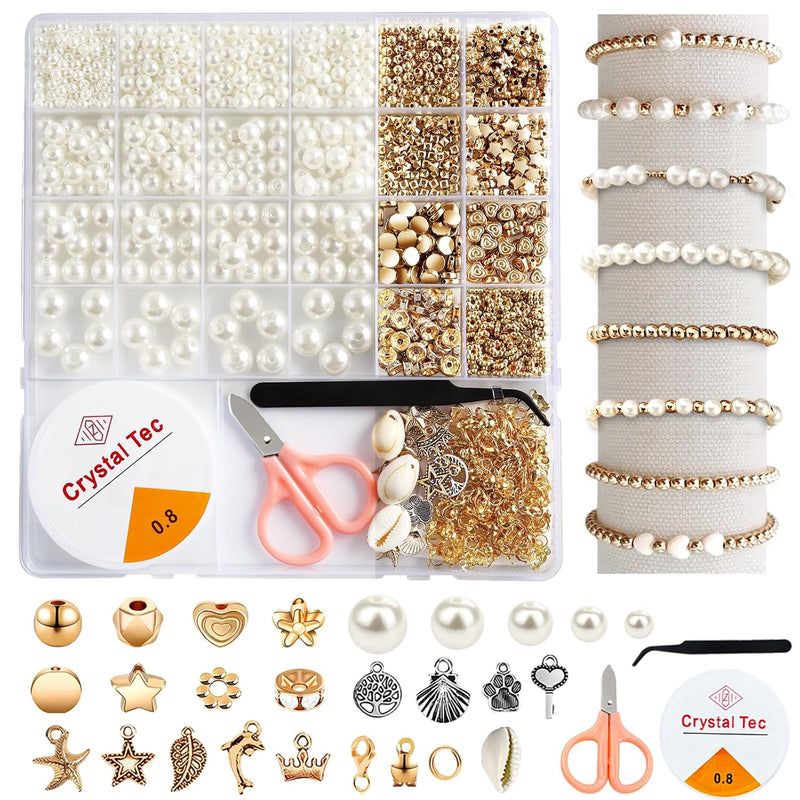 1200 Pcs Pearl Beads And Gold Spacer Beads Set For Jewelry Bracelet Ma