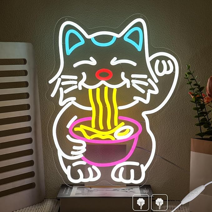 Fortune Cat Ramen Neon Sign Dimmable Lucky Cat LED Wall Decor for Restaurant Kitchen Pub