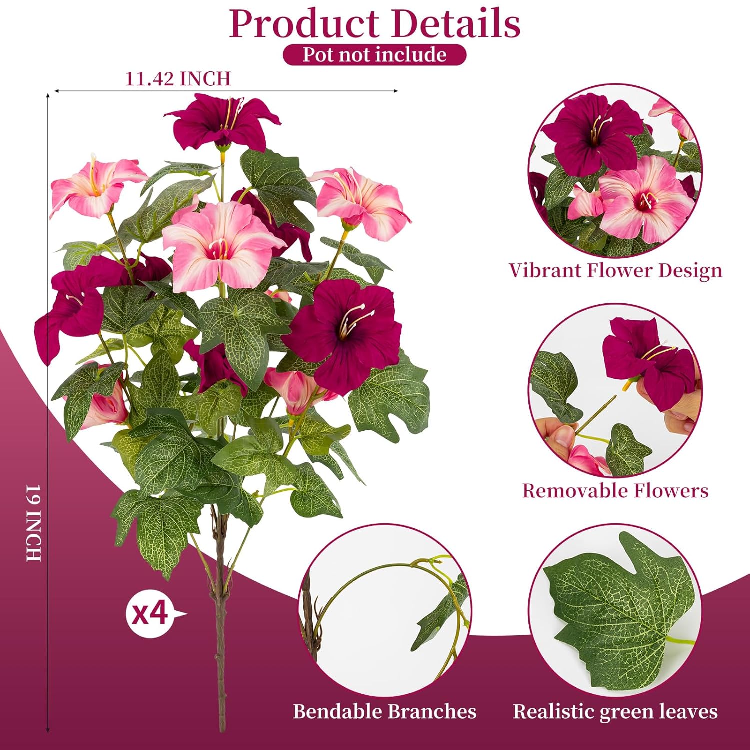 19 Inch Artificial Flowers For Outdoor Indoor Garden Home Decoration,Faux Flower For Home Office Garden Patio Balcony 4 Bundles (Rose Red Pink)