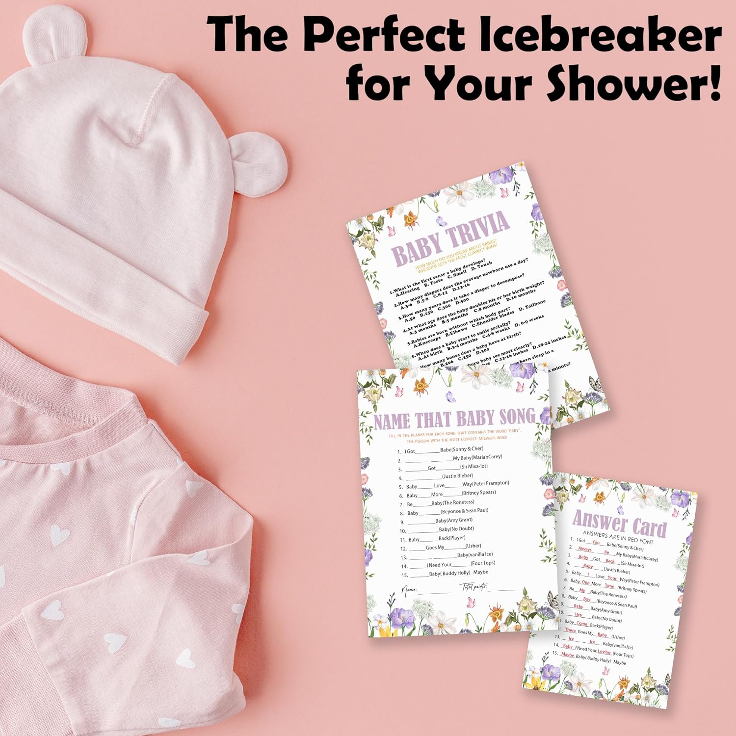 Flowers Baby Shower Games - Name That Baby Song & Trivia - 30 Can Be Used On Both Sides Game Cards & 1 Answer Card For Boys & Girls-Gender Reveal Activity, Party Favors & Decorations - B02