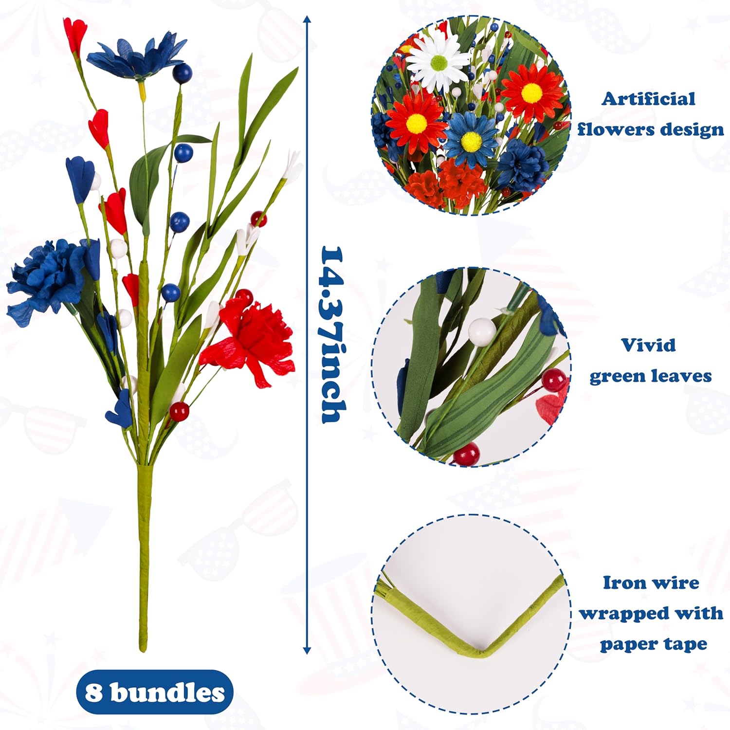 8 Bundles 4Th/Fourth Of July Decorations Artificial Silk Flowers Red White Blue Patriotic Picks Berry Stems Memorial Independent Labor Day Decor For Home Vase Table Centerpieces