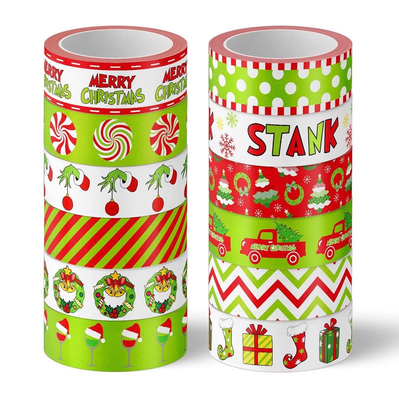 12 Rolls Christmas Red And Green Washi Tape Xmas Funny Cartoon Decorative Tape