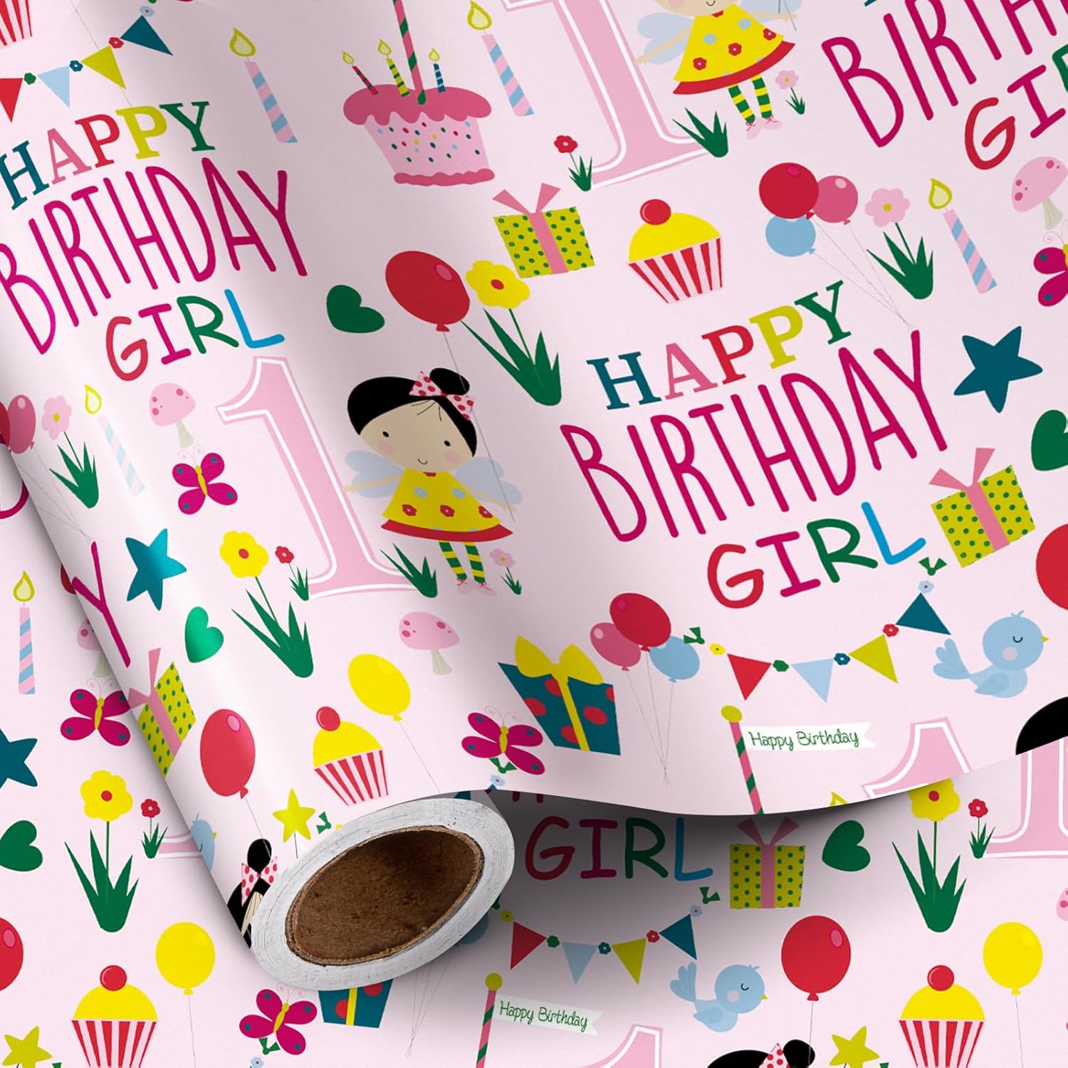 Birthday Wrapping Paper For Girl - Mini Roll - Pink Happy Birthday Girl And Birthday Party Pattern For Girl'S 1St Birthday Party And More - 17 Inches X 16.4 Feet - 1 Year Old