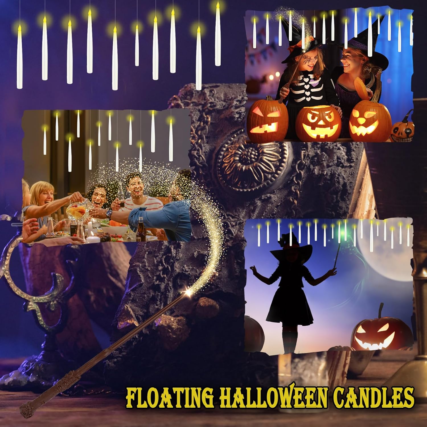Floating Candles With Wand, 24Pcs Hanging Candles With Remote Wand, Warmwhite Flickering Flameless Magic Floating Candle Lights For Halloween Christmas Decorations