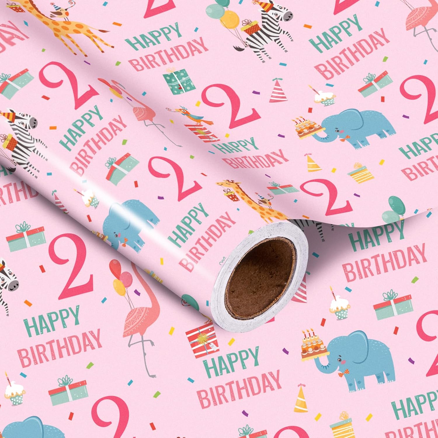 2Nd Birthday Wrapping Paper Roll - Pink Happy Birthday With Cute Animal Design For Age2 Baby Girl, Party, Baby Shower - Mini Roll - 17 Inches X 16.4 Feet (23.2 Sq.Ft.)