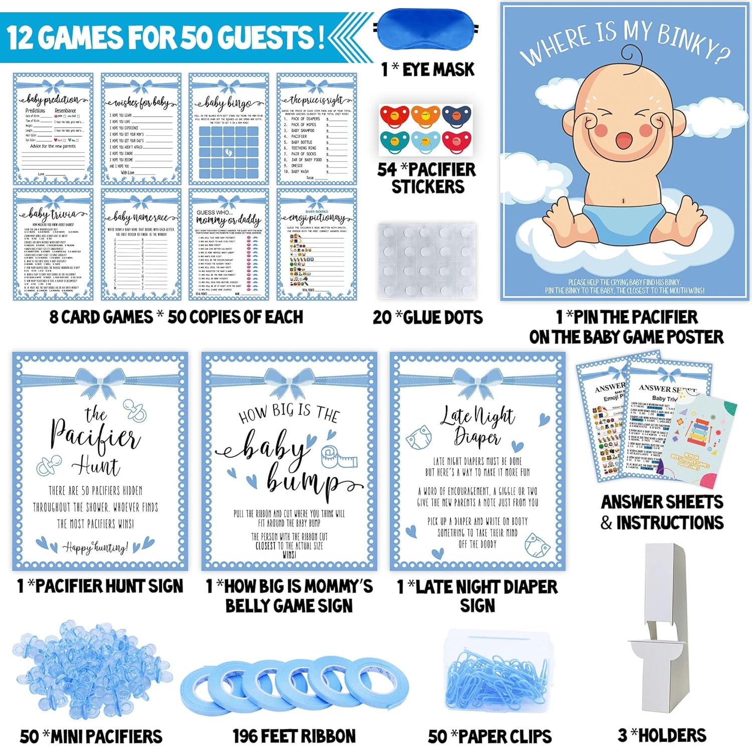 Baby Shower Games Boy, 12 Baby Shower Games For 50 Guests, Classic Coed Blue Boy Sprinkle Activities Cards Kit Set Bundle Pack