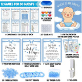 Baby Shower Games Boy, 12 Baby Shower Games For 50 Guests, Classic Coed Blue Boy Sprinkle Activities Cards Kit Set Bundle Pack