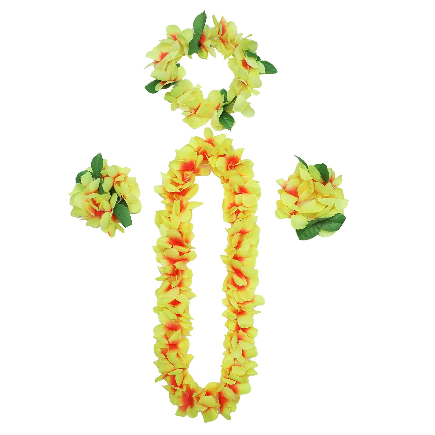 Lush Hawaiian Headpiece,Hawaiian Flower Leis Jumbo Necklace Bracelets Headband Set With Leaf For Hawaiian Luau Party Decoration Supplies (With Green Leaves) (Yellow Set)