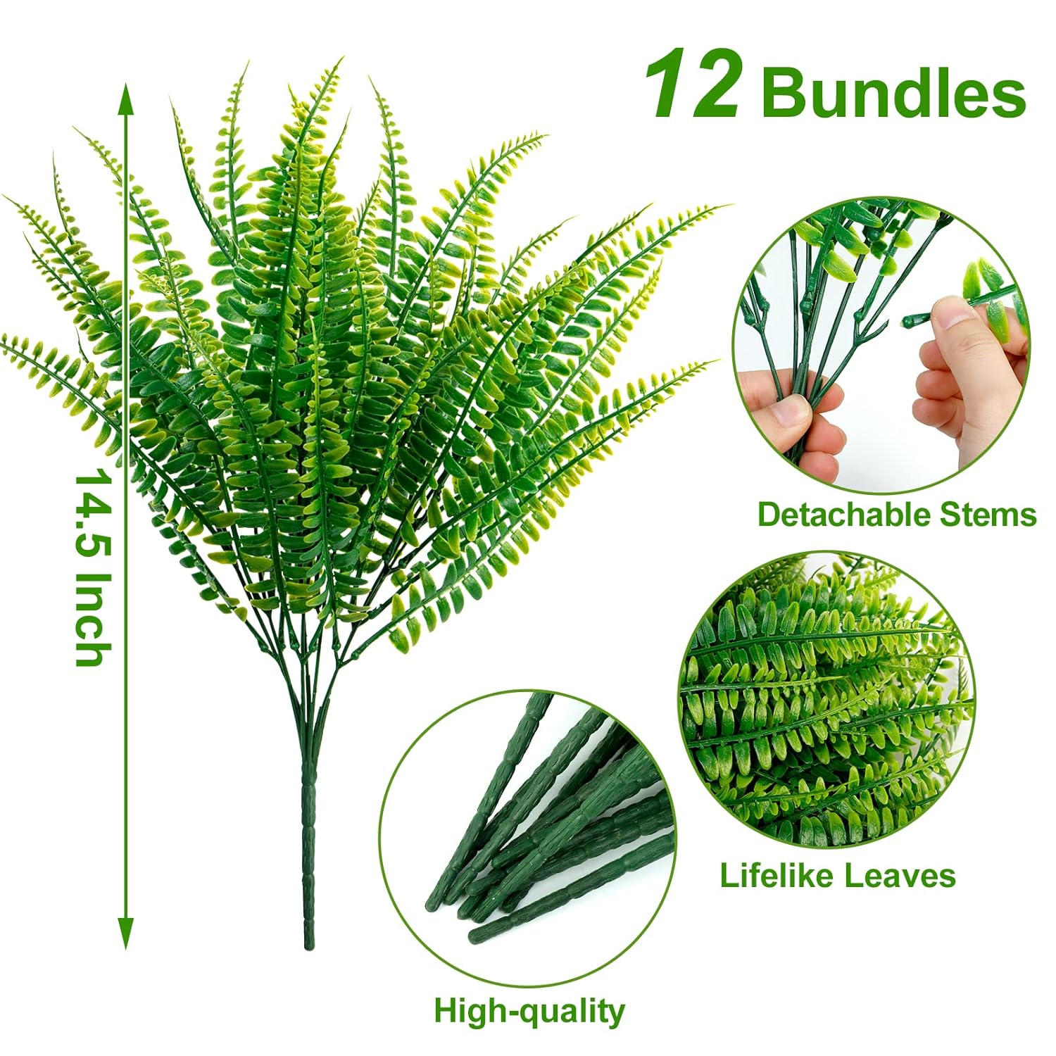 12 Bundles Artificial Boston Ferns Artificial Plants Outdoor Greenery Stems Faux Shrubs Uv Resistant For Garden Front Porch Table Window Box Home Decorations