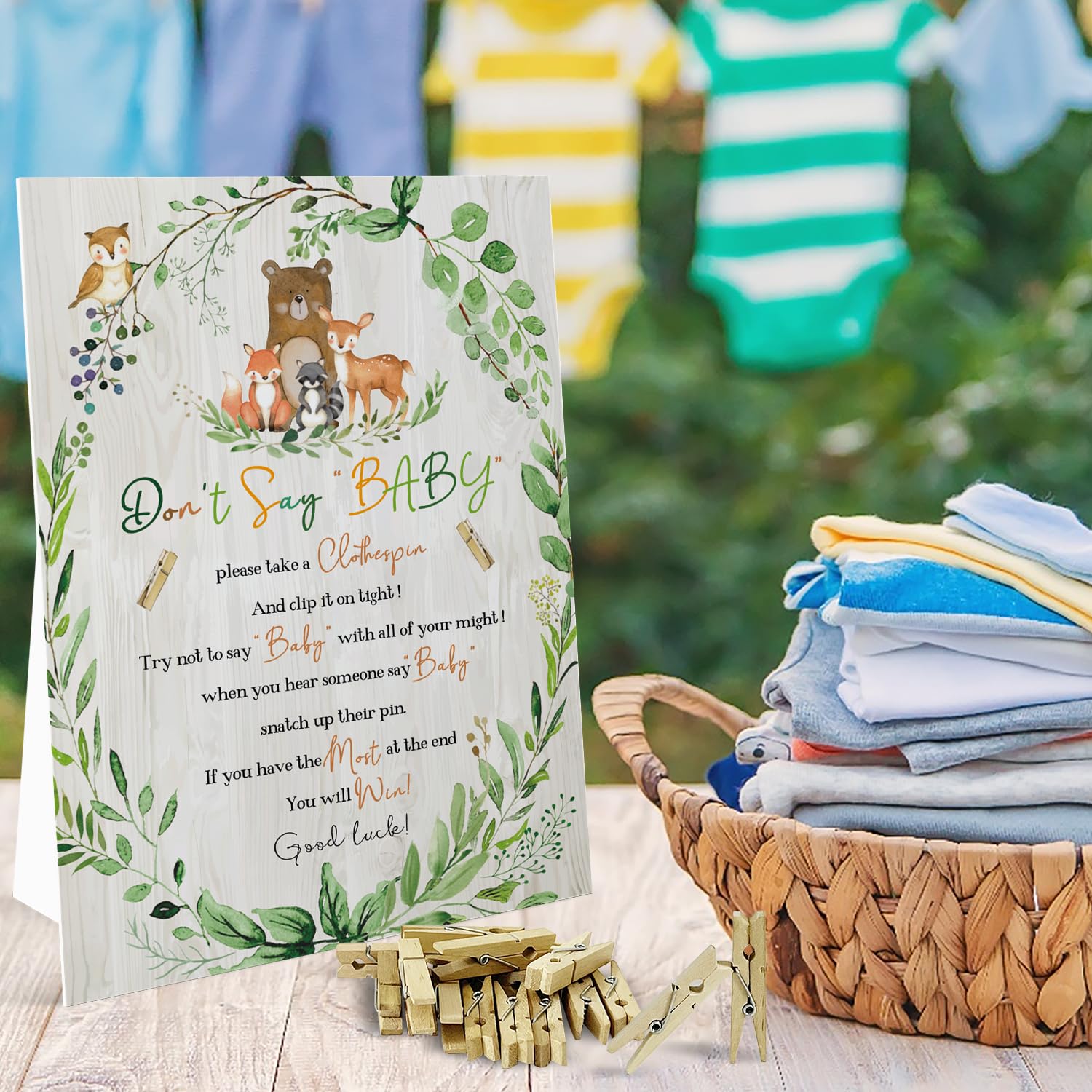 Don'T Say Baby Clothespin Game Sign (8×11??Woodland Animal Baby Shower Game Decoration Set?1 Sign + 50 Mini Clothespins)?Gender Neutral Boy Girl Baby Shower