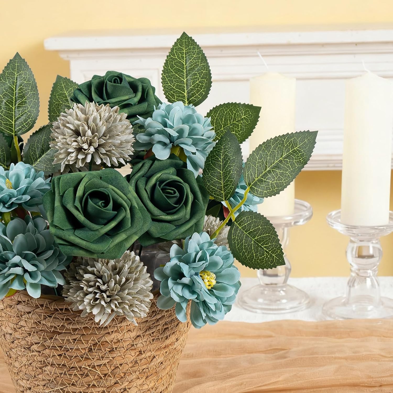 Green Flower Artificial Roses Faux Flowers With Stems Mix Fake Roses Dahlia Chrysanthemum Ball For Wedding Bridal Bouquets, Table Centerpieces, Baby Shower, Party, Home Decorations