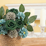 Green Flower Artificial Roses Faux Flowers With Stems Mix Fake Roses Dahlia Chrysanthemum Ball For Wedding Bridal Bouquets, Table Centerpieces, Baby Shower, Party, Home Decorations