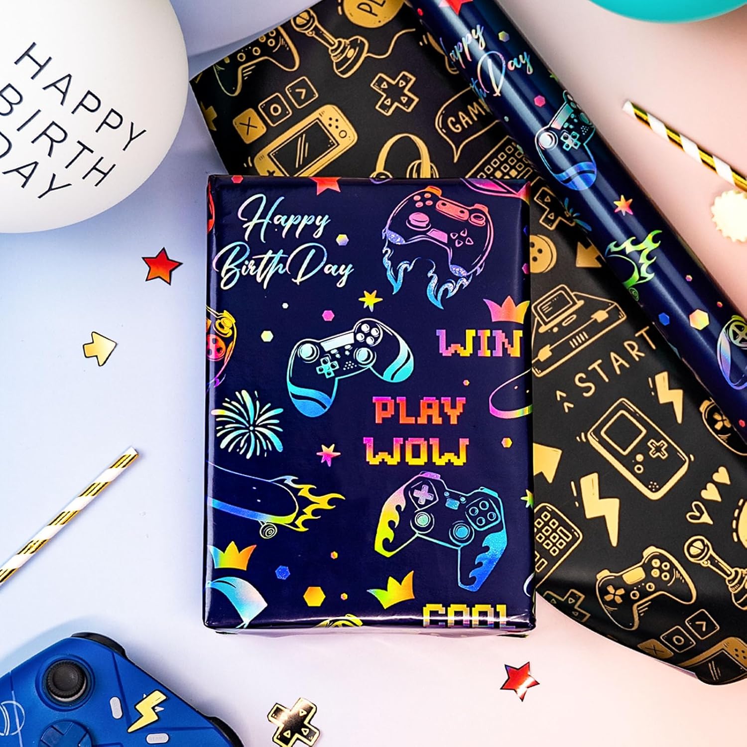 Gaming Wrapping Paper, Blue Birthday Wrapping Paper For Boys, Holographic Video Game Controller Theme Gift Wrap For Boys Men Birthday, Christmas, Father'S Day (Mini Roll, 17 In X 33 Ft)