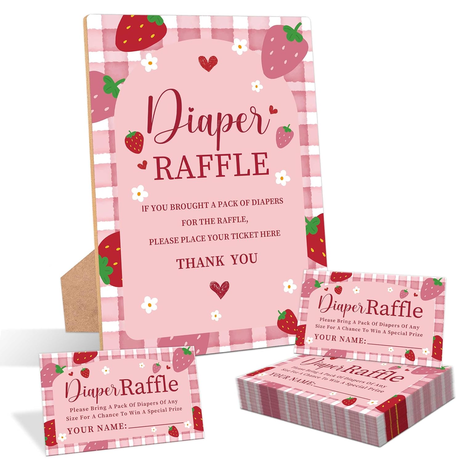 Strawberry Baby Shower Diaper Raffle, Pack Of 1 Wooden Tabletop Sign With Stand And 50 Diaper Raffle Tickets, Berry Baby Shower Game, Gender Reveal Party Decorations - Eh16