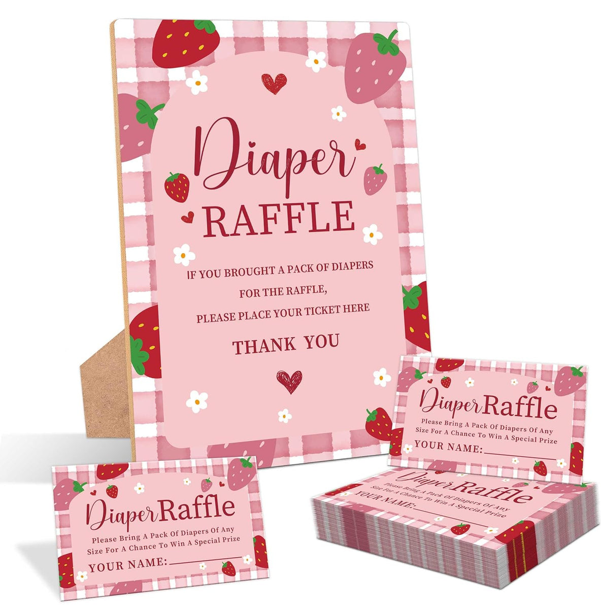 Strawberry Baby Shower Diaper Raffle, Pack Of 1 Wooden Tabletop Sign With Stand And 50 Diaper Raffle Tickets, Berry Baby Shower Game, Gender Reveal Party Decorations - Eh16