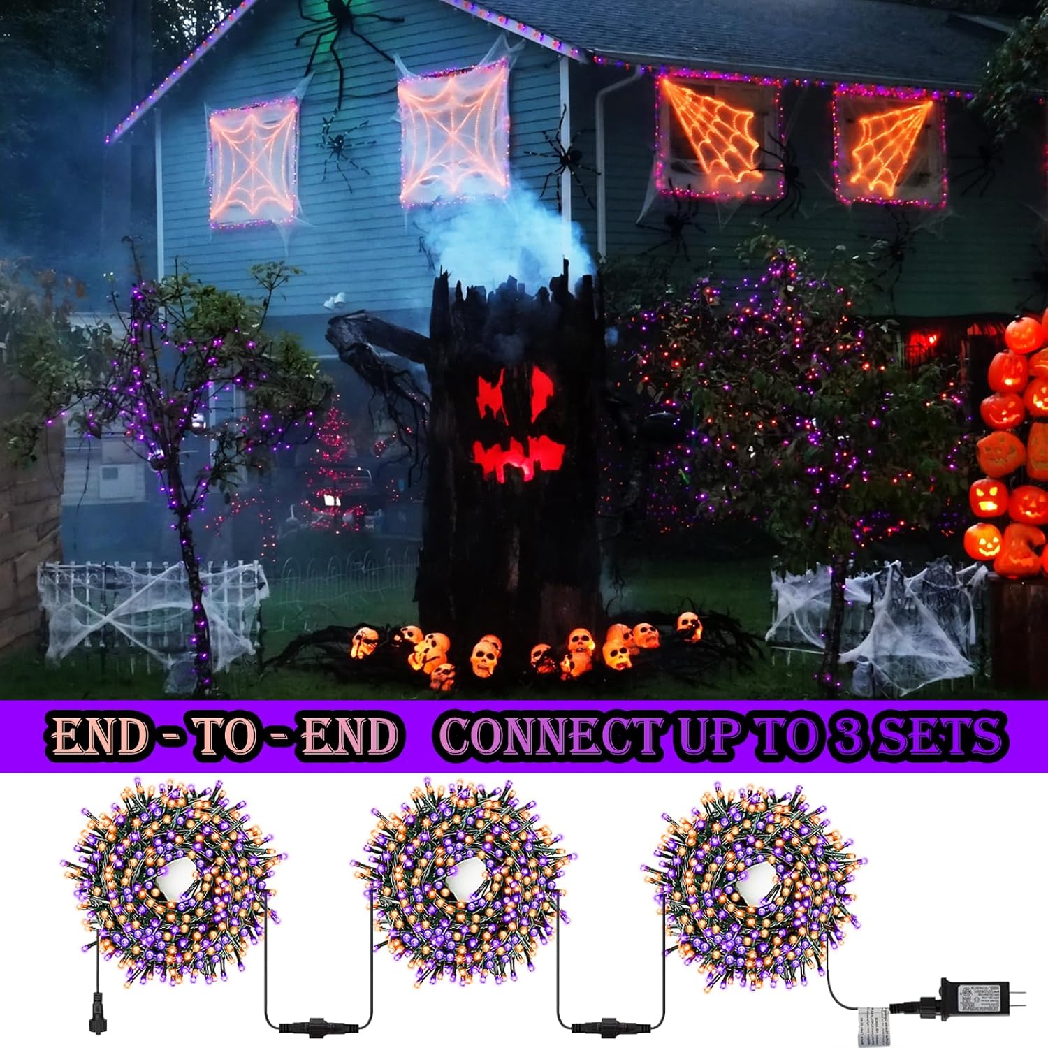 Halloween String Lights Outdoor Indoor Waterproof 300Led 105Ft Ul Certified With End-To-End Plug 8 Modes, Decoration Lights For Christmas Tree Patio Garden Wedding Party Orange Purple