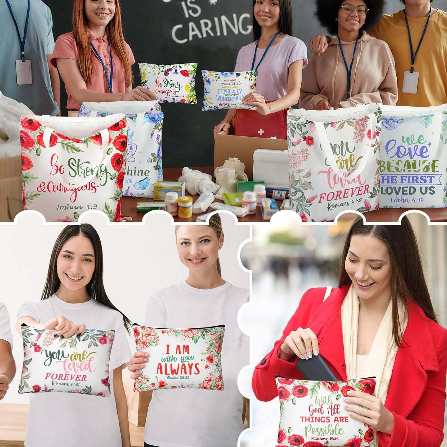 24 Pcs Christian Gifts For Women Bible Verse Makeup Bags Religious Reusable Tote Bags Employee Appreciation Gift Inspirational Canvas Tote Bulk Gifts For Friends Coworker Christmas
