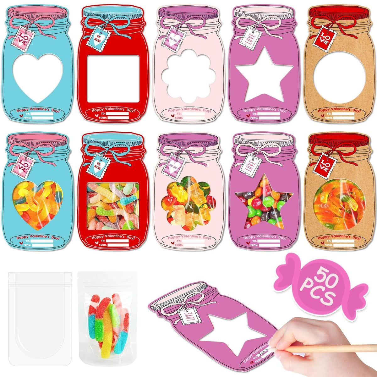Mason Jar Valentines Day Cards - 50Pack Valentine Mason Jar Cards For Kids, Candy Valentines For Class, Cute Kids Valentines Day Cards With Candy Bags Or Small Valentines Day Gifts For Kid School