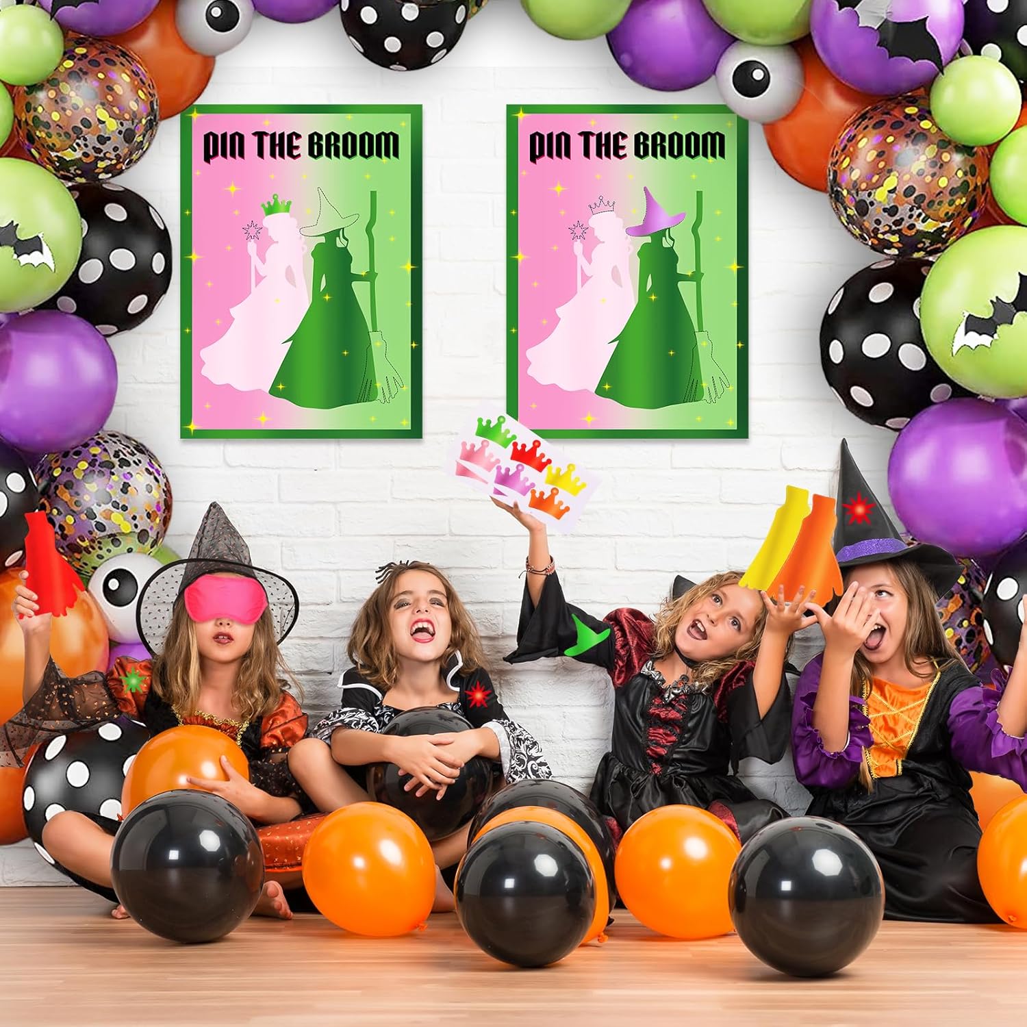 Witch Party Decorations Pin The Broom Pink And Green Party Favors For Halloween Birthday Wall Supplies With 96 Reusable Stickers