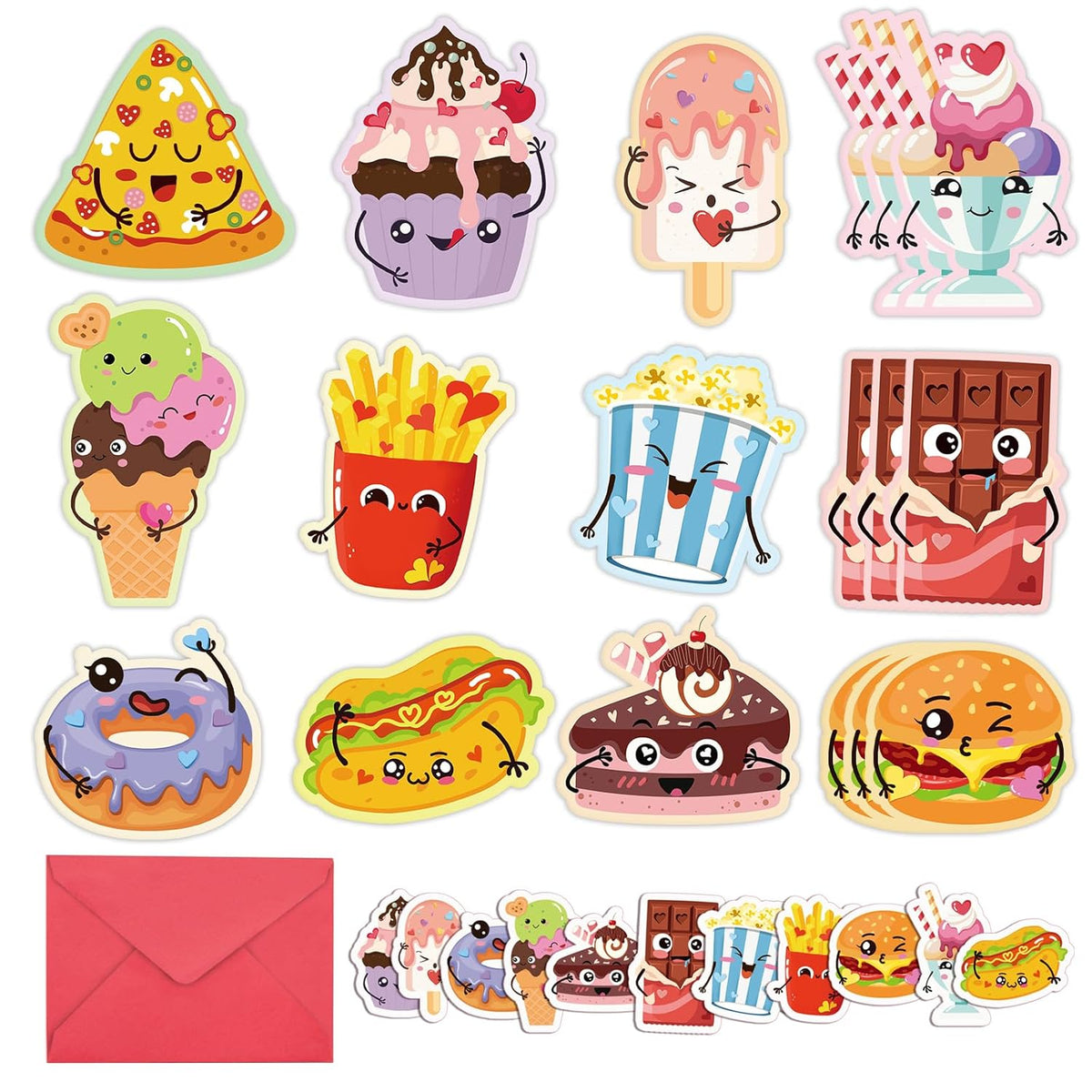 36 Pack Valentines Day Cards For Kids, 12 Assorted Food-Themed Die-Cut Designs With Envelopes & Stickers For Classroom Exchange, School Party, Non-Candy Valentine Handouts