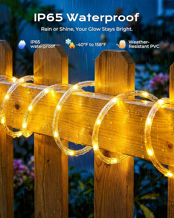 2 Pack Solar Rope Lights 78FT 200 LED Warm White Waterproof Outdoor Fairy String Lights with 8 Modes