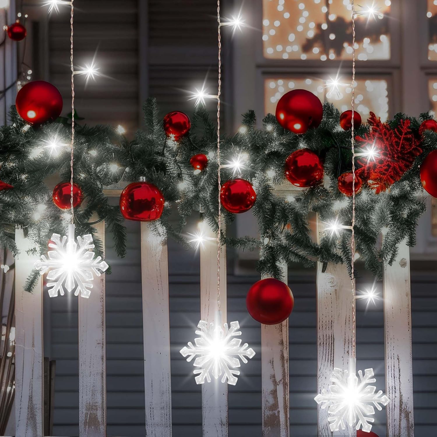 Christmas White Icicle Lights With Snowflake, 150 Led Curtain Lights With 8 Lighting Modes, Plug In Twinkle Lights For H