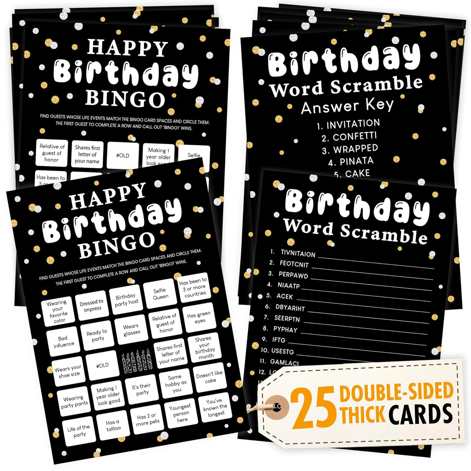 Happy Birthday Bingo - 25 Pcs Adults Party Games, Word Scramble, Fun Games
