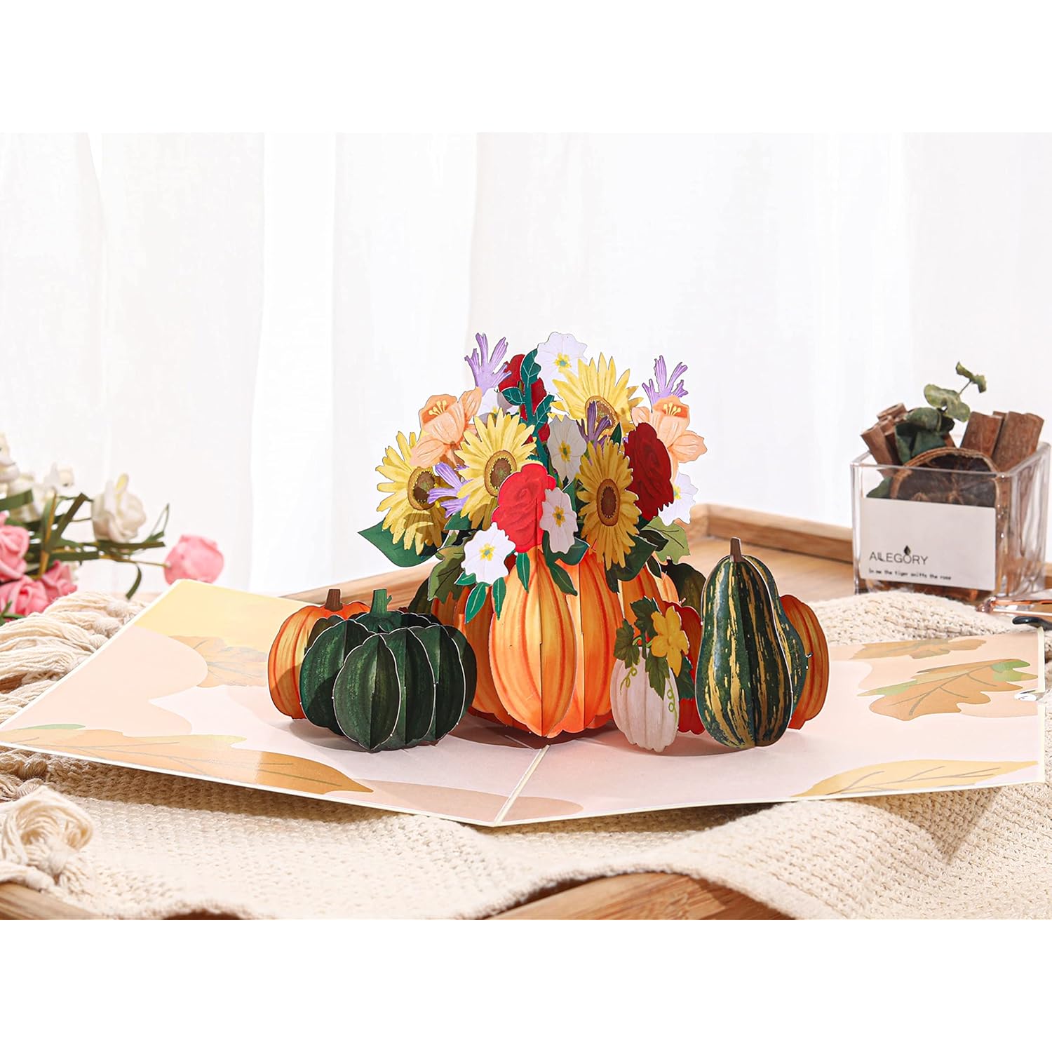 Fall Pumpkin Flower 3D Greeting Pop Up Card, Thanksgiving Card, Autumn Card, Sunflower, Harvest For Family, Parents, Grandma, Women, Mom | With Message Note & Envelop