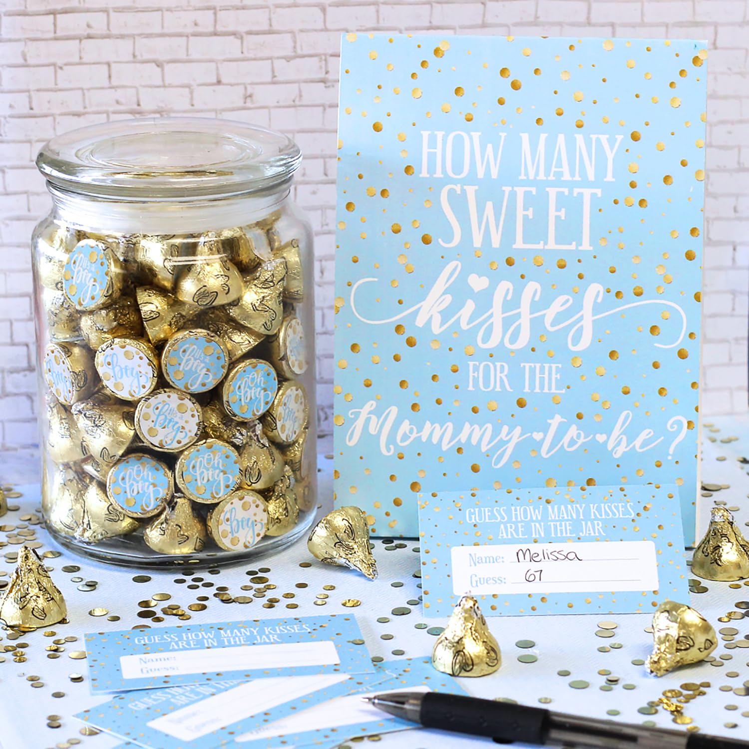 How Many Kisses Baby Shower Game - Blue And Gold It'S A Boy Baby Shower (Sign With Cards)