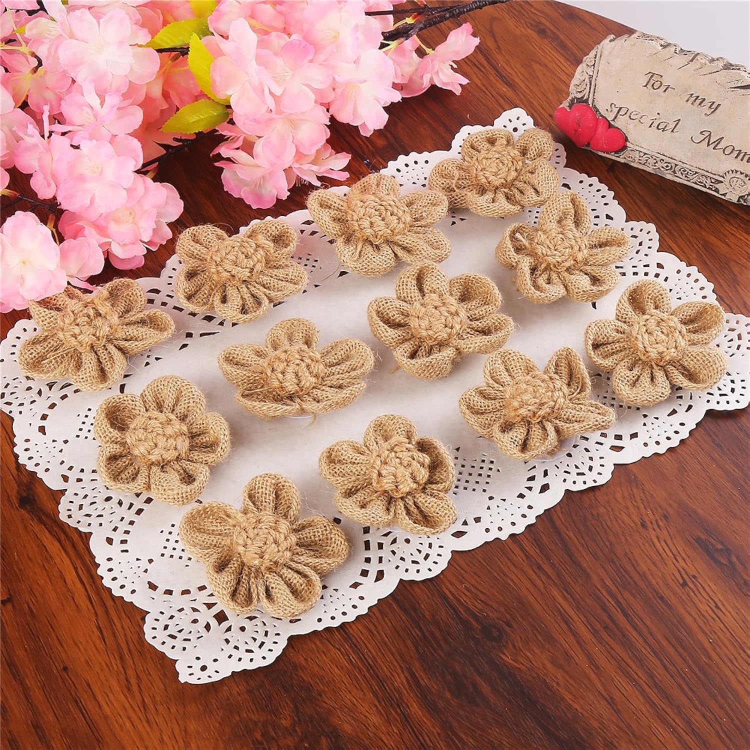 DECORA 12 Pieces Handmade Burlap Flowers for Wedding Decoration, Craft Making and Other DIY Stuff Making
