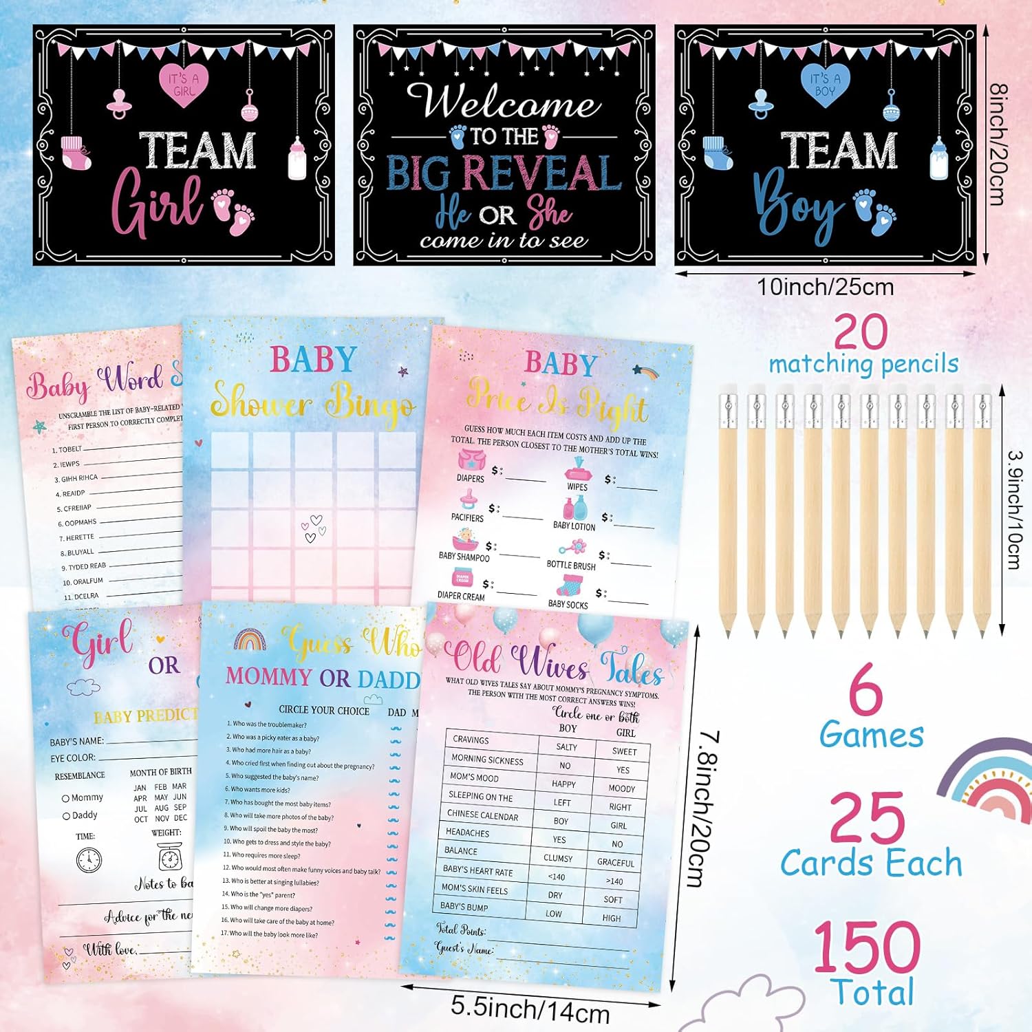 173 Pcs Gender Reveal Games For 25 Guests 6 Funny Baby Shower Games With 20 Pencils Boy Or Girl Gender Reveal Ideas Baby Bingo Prediction Guess Mommy Or Daddy Old Wives Tales Word Scramble