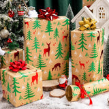 Christmas Kraft Wrapping Paper Roll- 17 Inch X 32.8 Feet - Red Reindeer Tree With Green Pine Print Wrap Paper For Christmas, Holiday, Party, Celebration