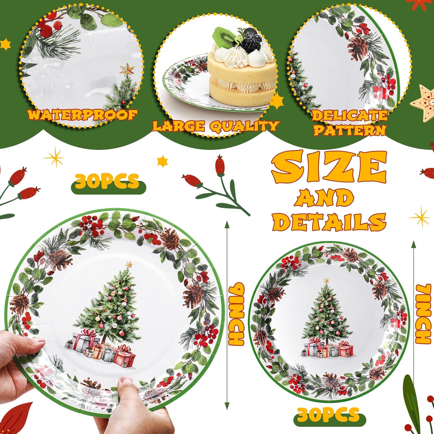 100 Pcs Christmas Party Plates Decorations Xmas Tree Collection Disposable Paper Berry Wreath Plates Set For Christmas Holiday Party Decor Serves 50 Guests