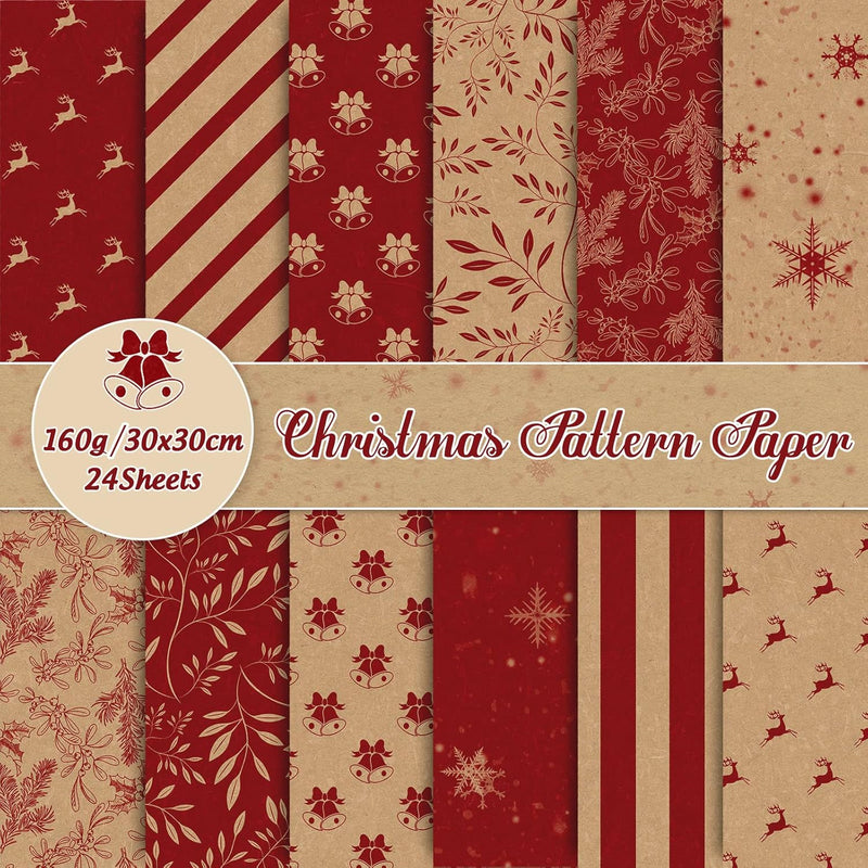 24 Pack Christmas Pattern Paper 30X30Cm Rustic Xmas Scrapbook Paper 12 Designs