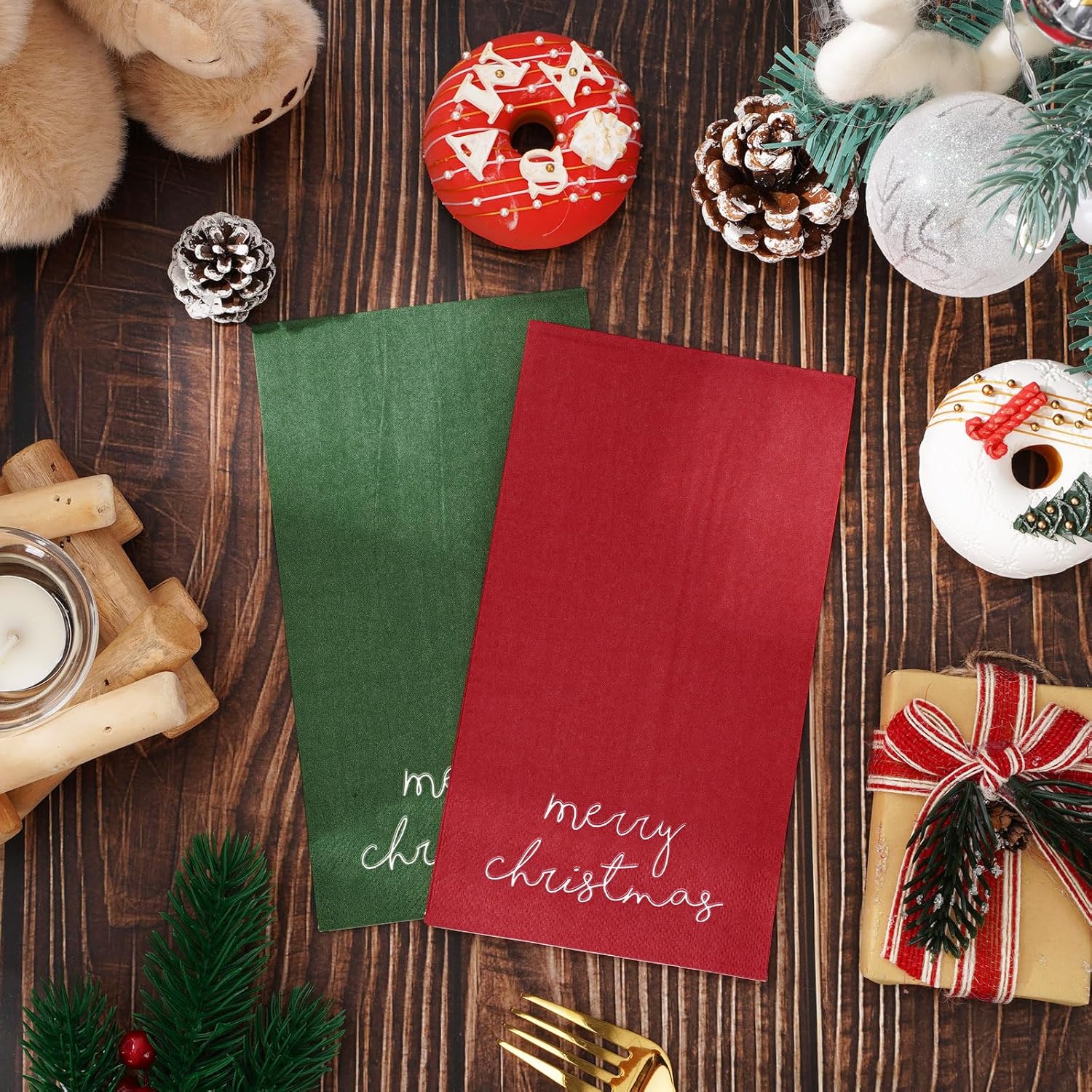 Christmas Guest Napkins Red Green Merry Christmas Paper Napkins Disposable Xmas Guest Hand Napkin Towel For Winter Holiday Party Supplies Bathroom Table Decor,80Pcs
