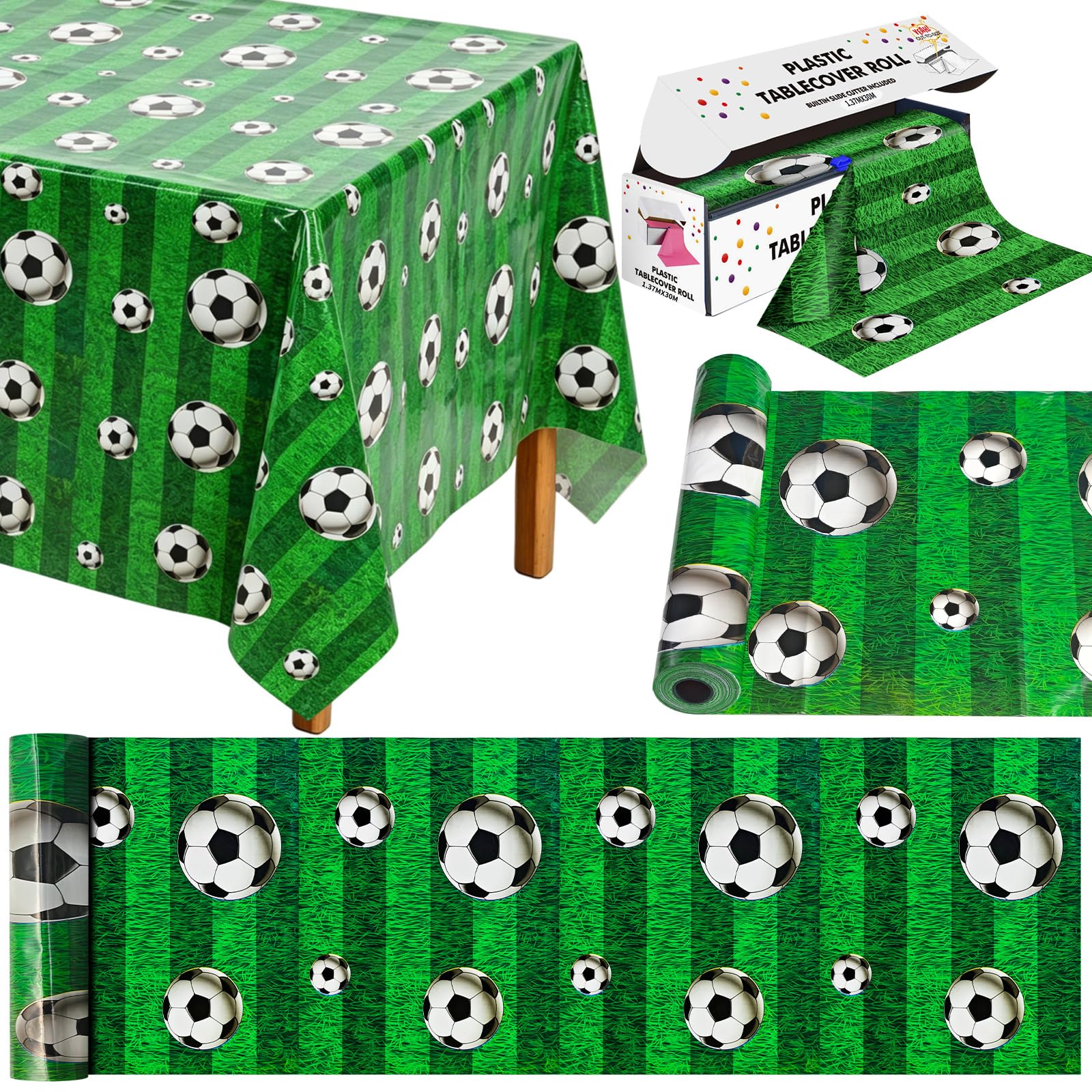 Soccer Tablecloth Roll with Slide Cutter, 54 in x 100 Ft Soccer Field Decoration Roll, Disposable Waterproof Table Cover for Birthday Party Decorations Wall Backdrop Sports Event Supplies