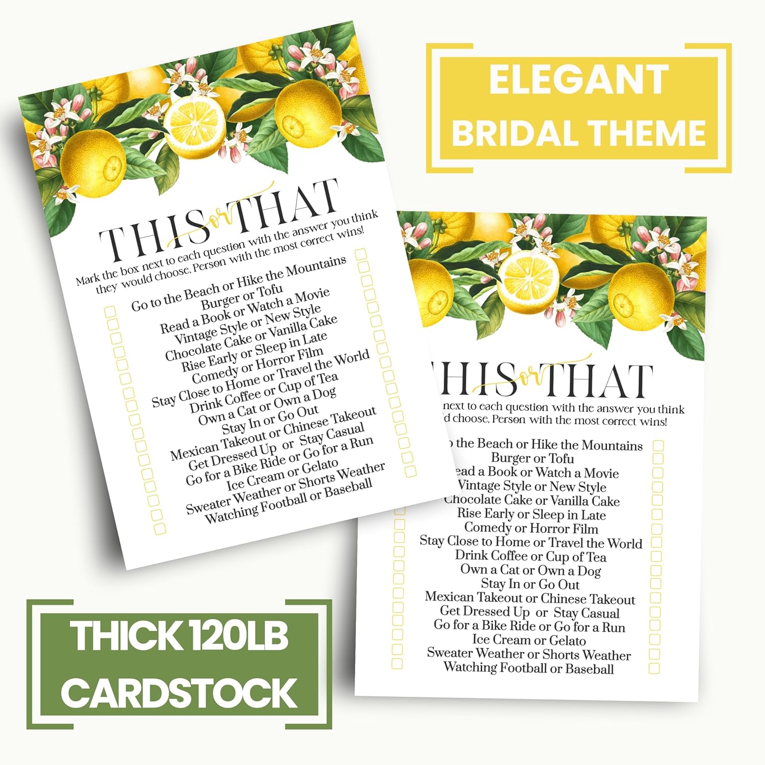 Lemon Bridal Shower Games Would She Rather - 25 Card Pack - This Or That Game Fun For Graduation Parties, Rehearsal Dinners & Birthdays - Main Squeeze Botanical Design